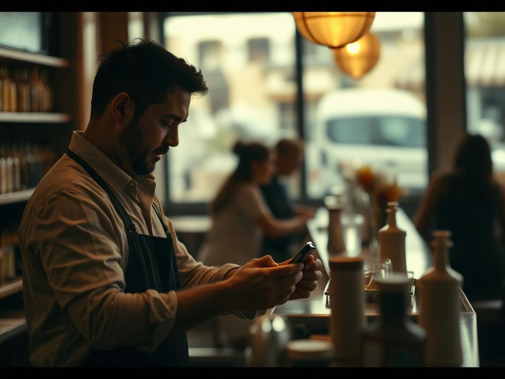 Horeca-ondernemer achter de bar kijkt op zijn telefoon terwijl gasten aanschuiven