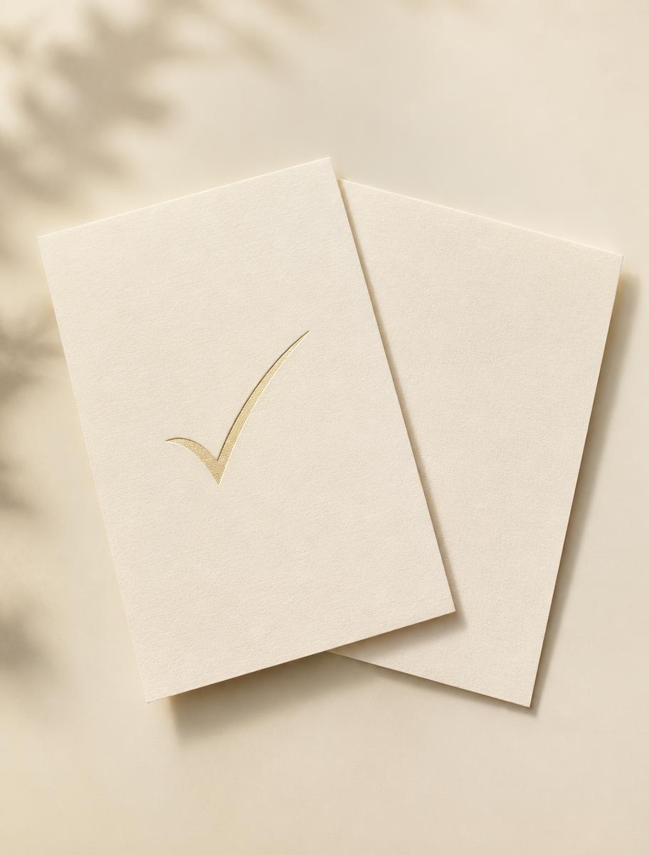 Twee kaarten met een gouden vinkje op een ivoren bureau