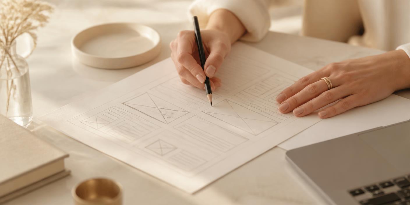 Wireframe van een website die met de hand wordt uitgetekend
